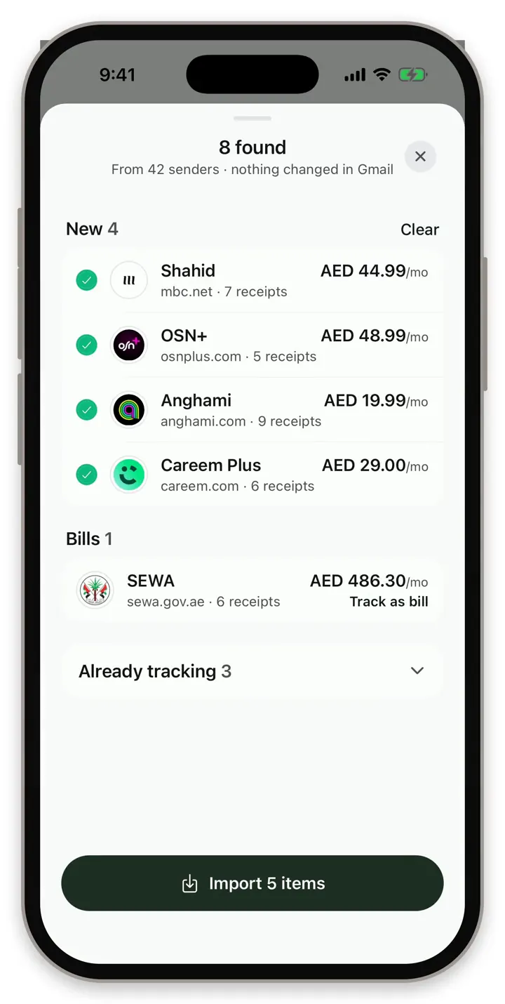 Rasid's Gmail scan review on iPhone: eight found, including Shahid, OSN+, Anghami, Careem Plus and a SEWA bill, with a button to import five items.
